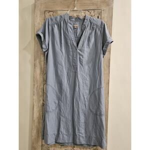 J. Jill Blue Silk Linen Tunic Dress Sz M Roll Short Sleeve V Neck Pockets